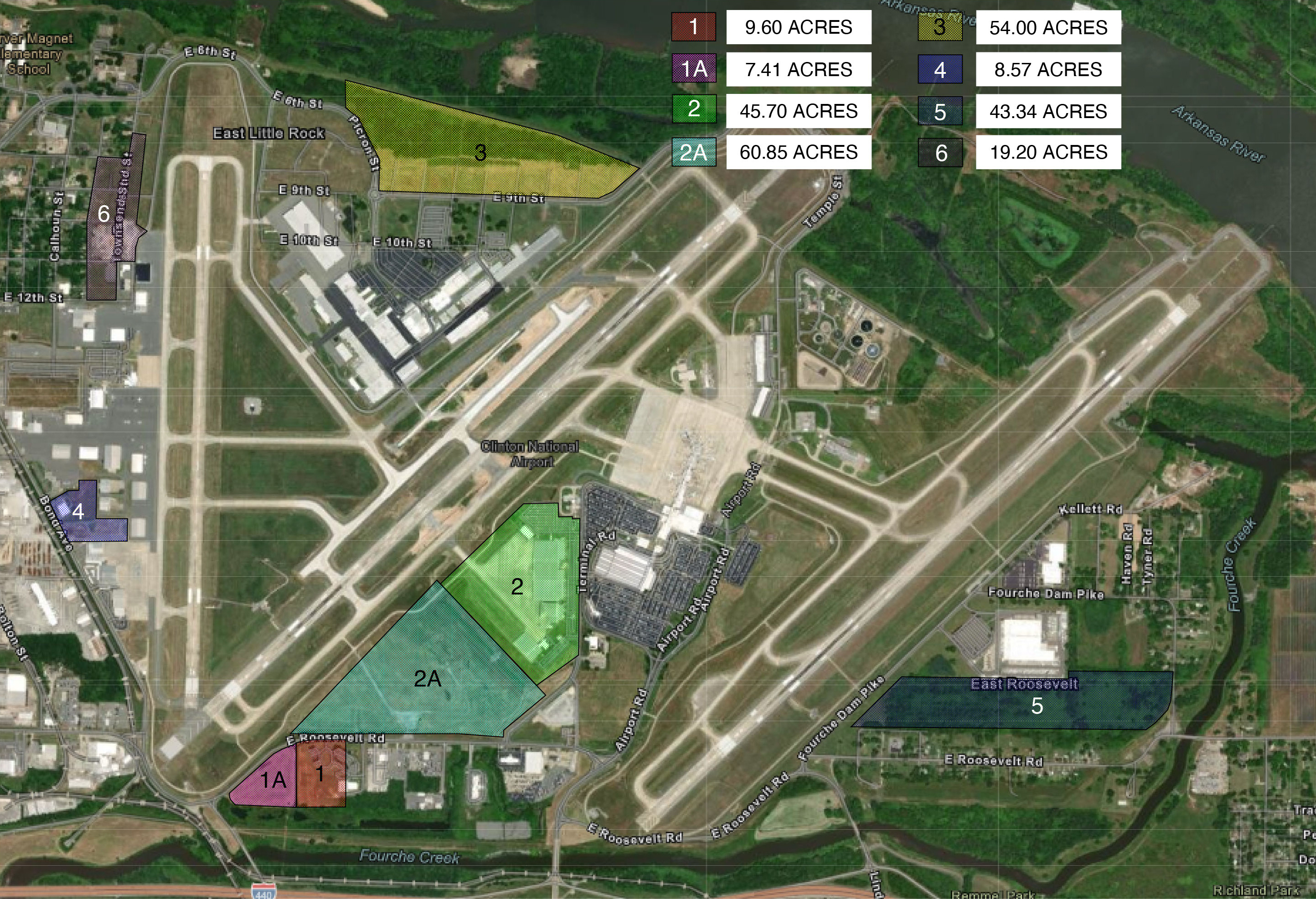 Aerial view map of development sites at Clinton National Airport, Little Rock, AR.